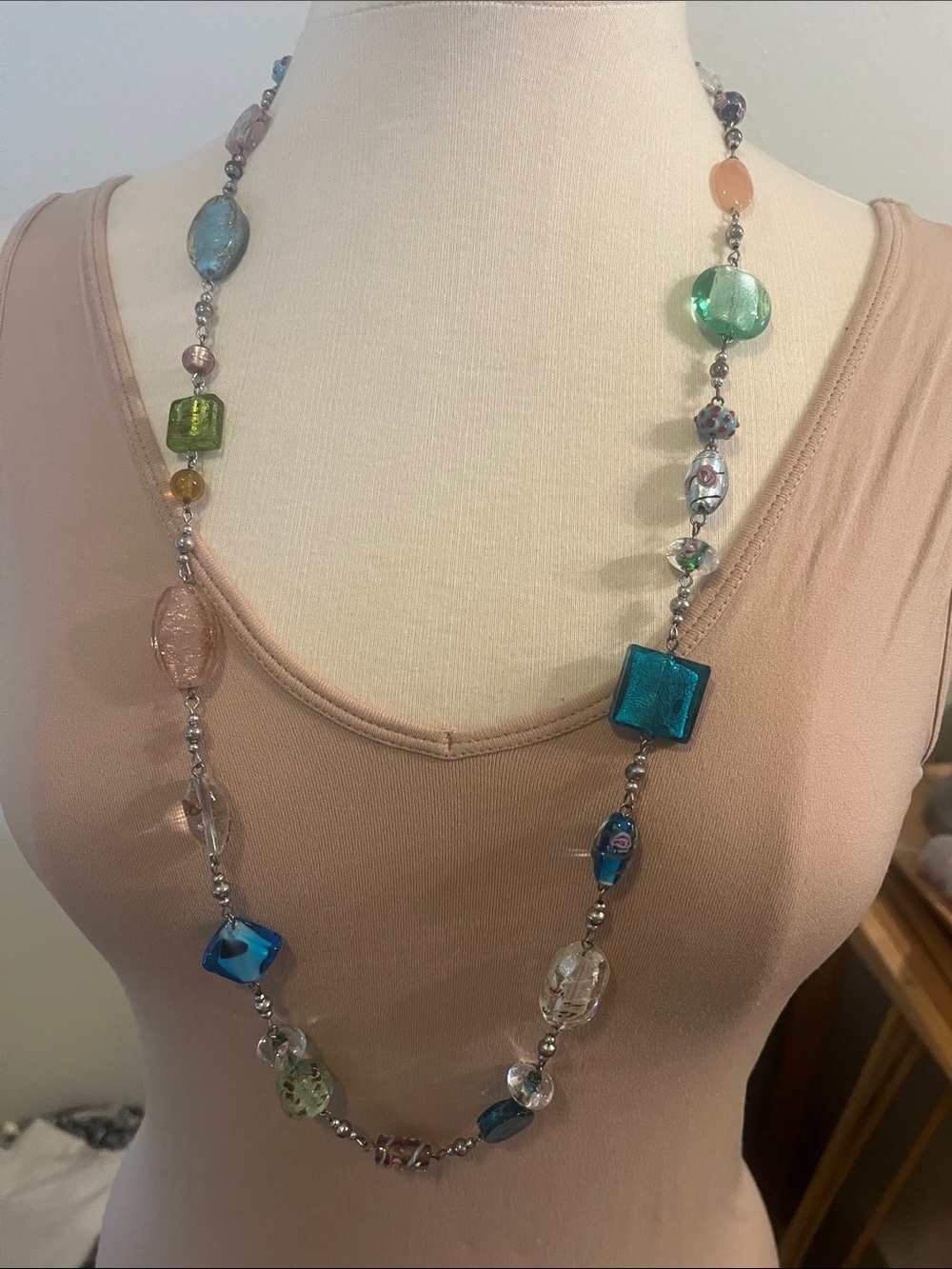 Multi-Color Glass Bead Long 36” Necklace - Blue, Green, Pink